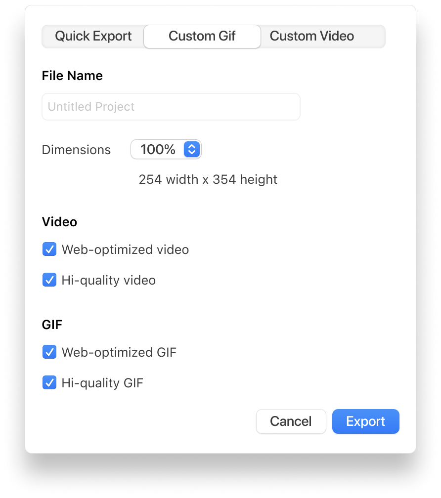 Export Settings for Gif Reel